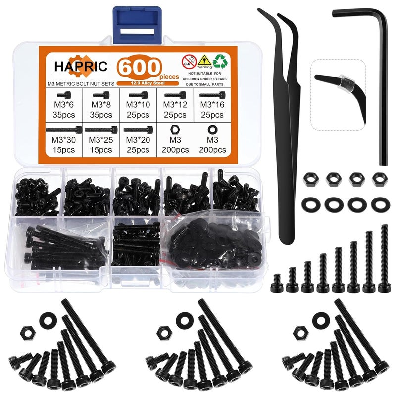 Hapric 600 Pcs M3 Screws Assortment Kit, M3x 6/8/10/12/16/20/25/30mm M3 Screw Kits 12.9 Alloy Steel Nuts and Bolts Assortment Kit Black Zinc Plated Hex Socket Head Screws Nuts Bolts and Washers Set - Image 1